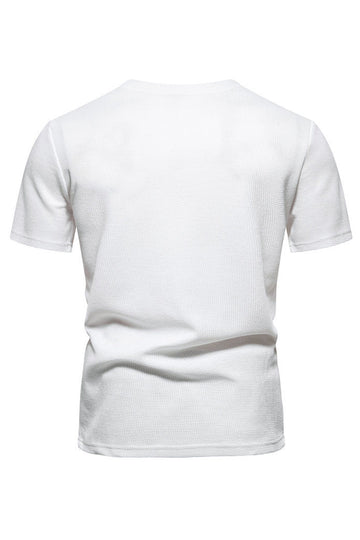 Camisa de punto blanco de algodón y cuello redondo de manga corta para hombre